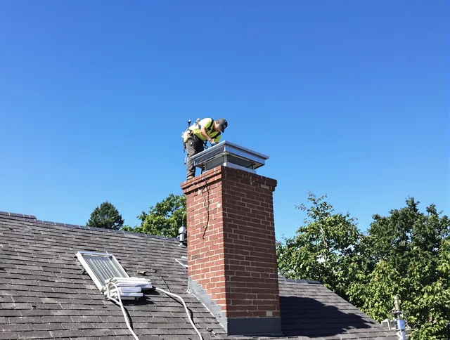 Hilliard Chimney Sweep technician measuring a chimney cap in Hilliard, OH